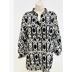 Woman 2x Blouse Black and White Aztec button 3/4 roll tab sleeve Work-ware /Date